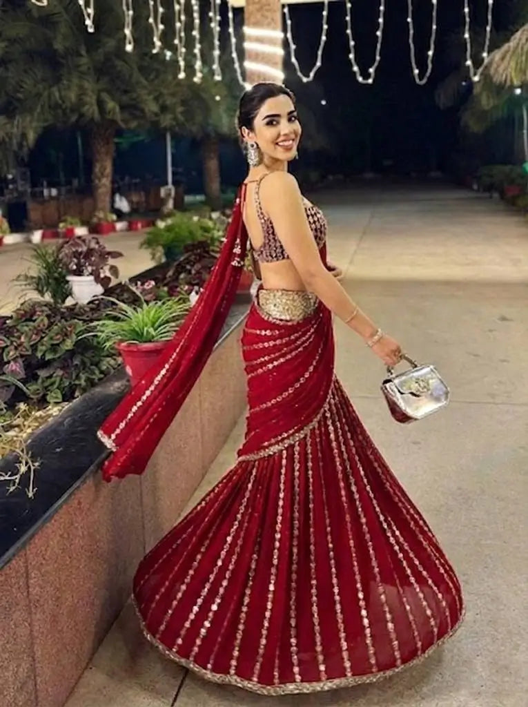 Black & Red Ready-to-Wear Mirror Work Faux Georgette Saree Set