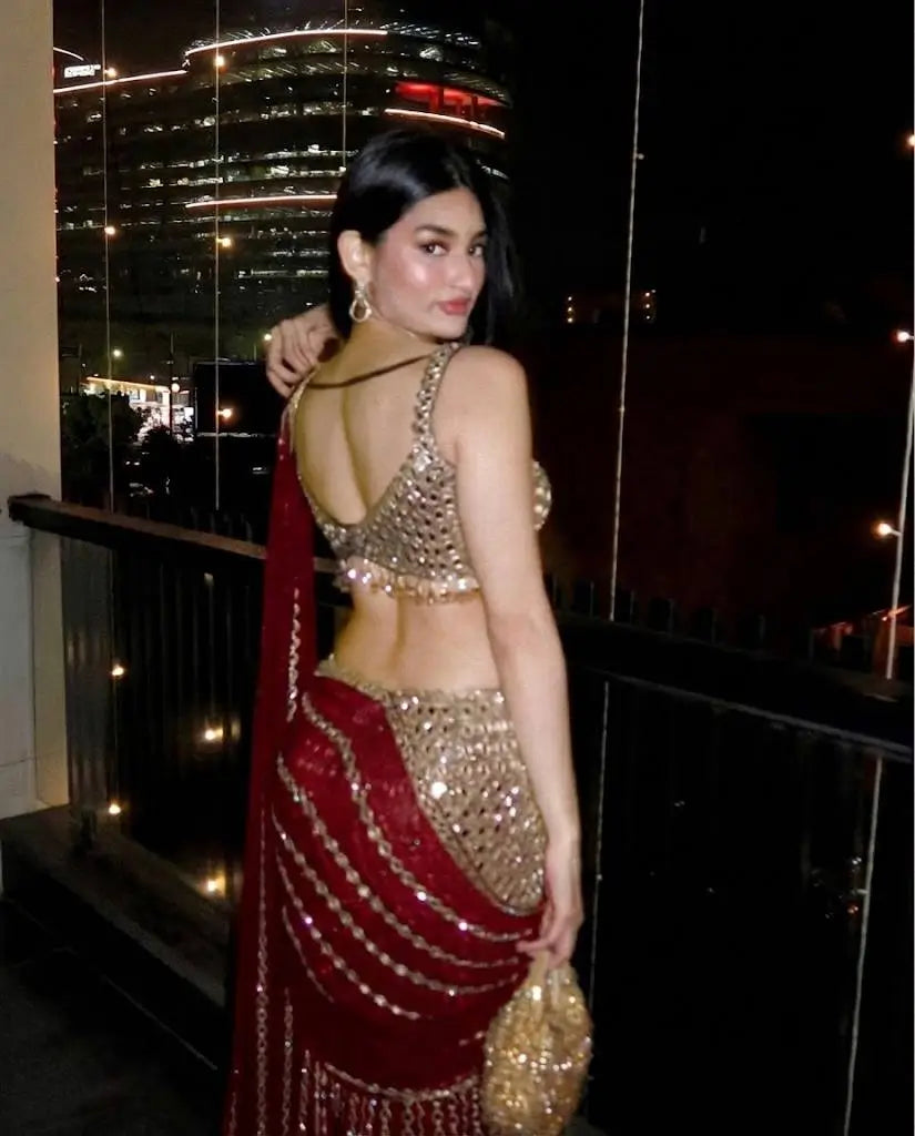 Black & Red Ready-to-Wear Mirror Work Faux Georgette Saree Set