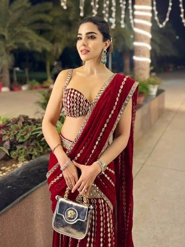 Black & Red Ready-to-Wear Mirror Work Faux Georgette Saree Set