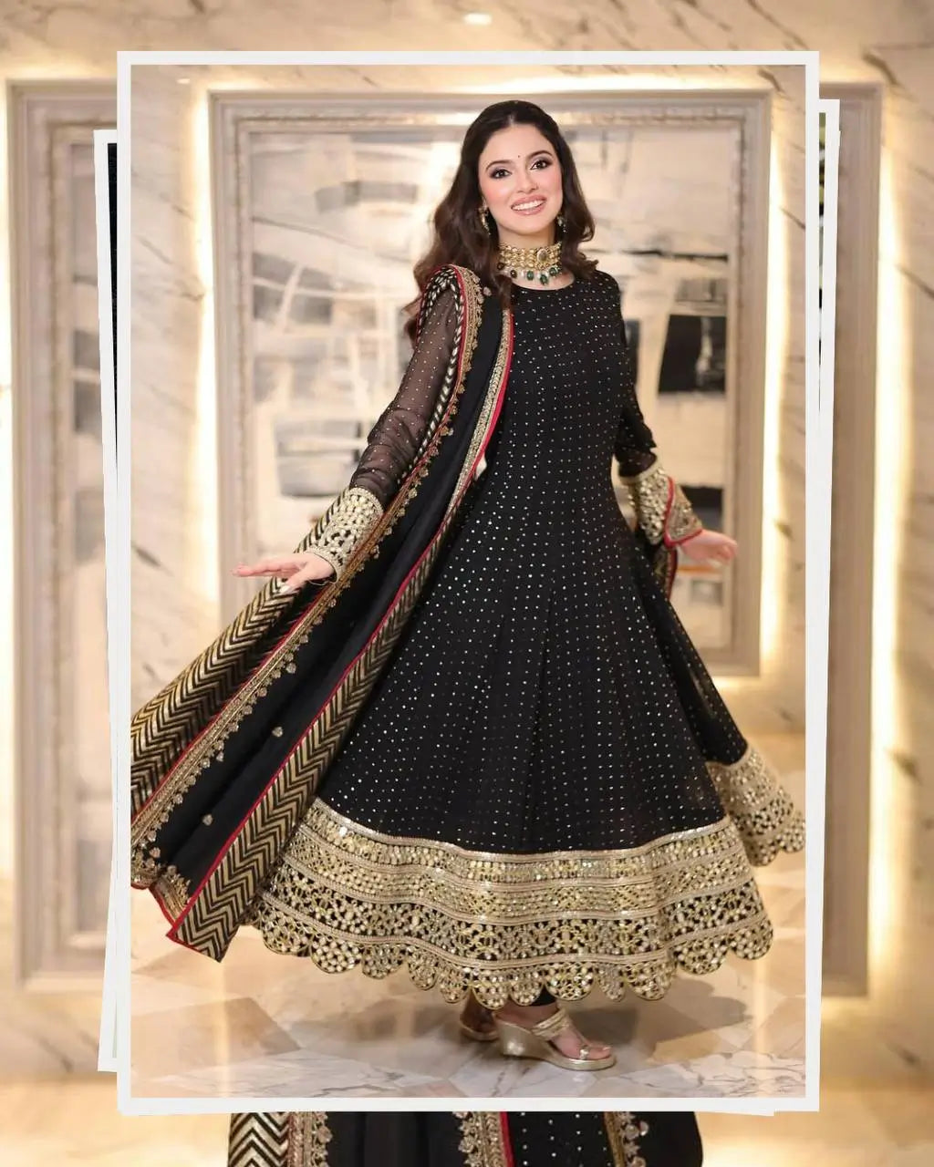 Black Sequin Scallop Anarkali