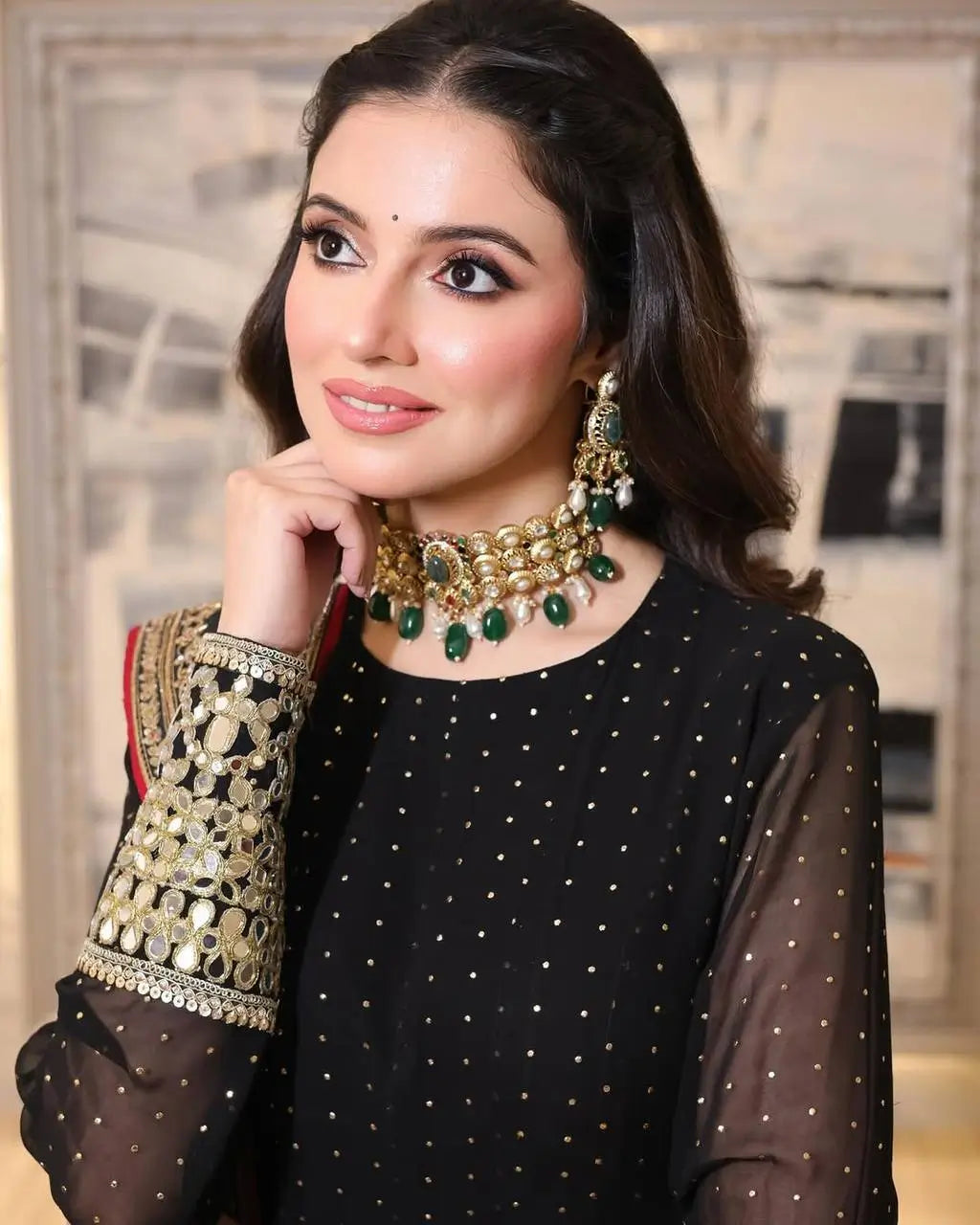 Black Sequin Scallop Anarkali