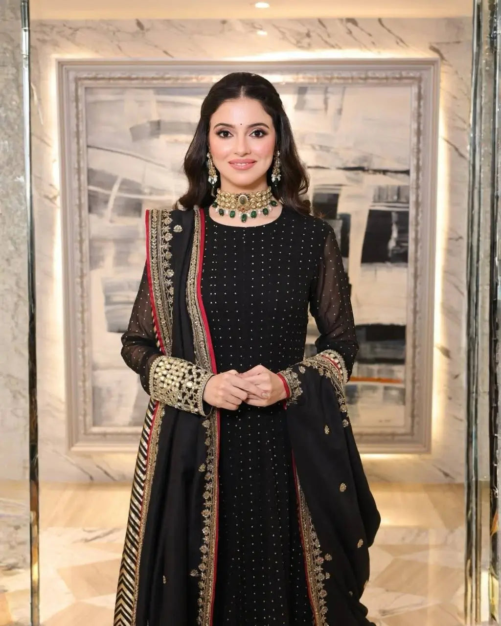 Black Sequin Scallop Anarkali