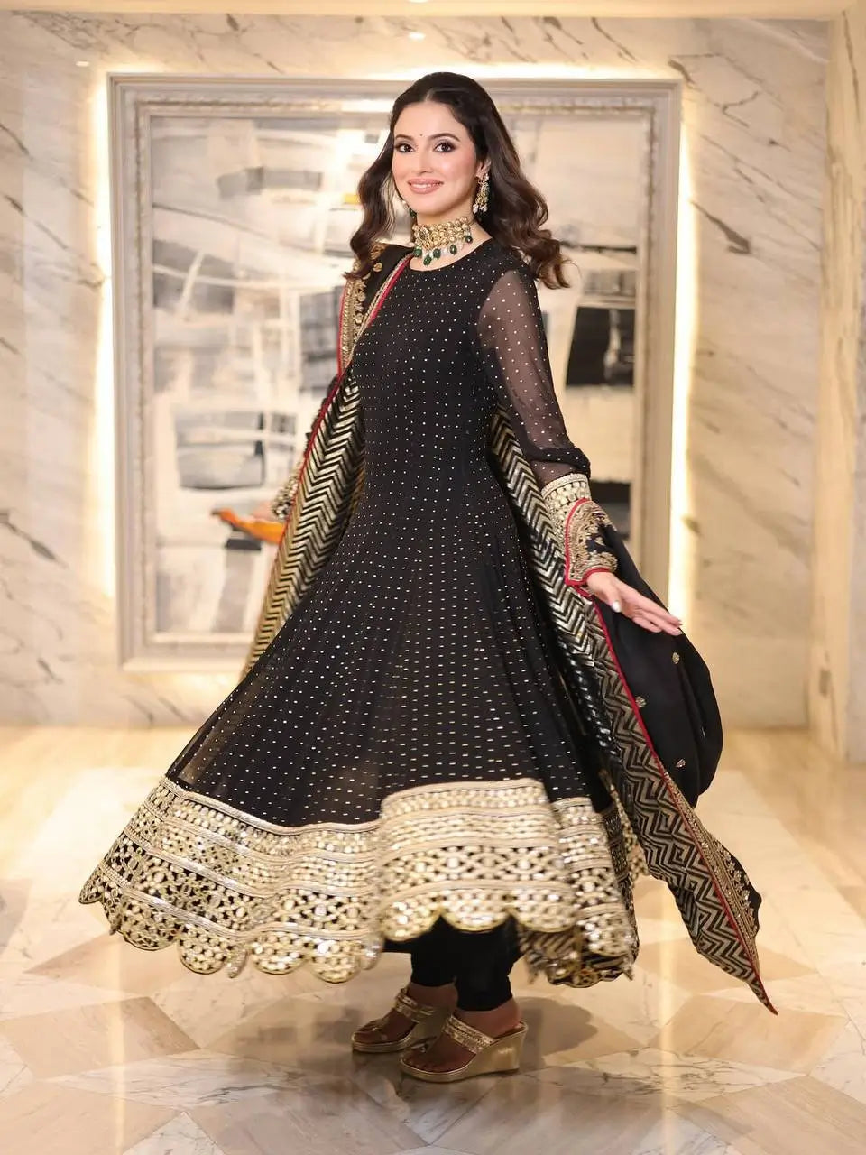 Black Sequin Scallop Anarkali