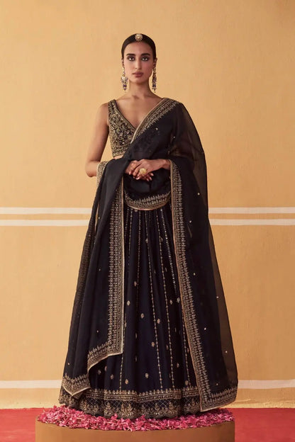 Black Sequin Zari Lehenga Set