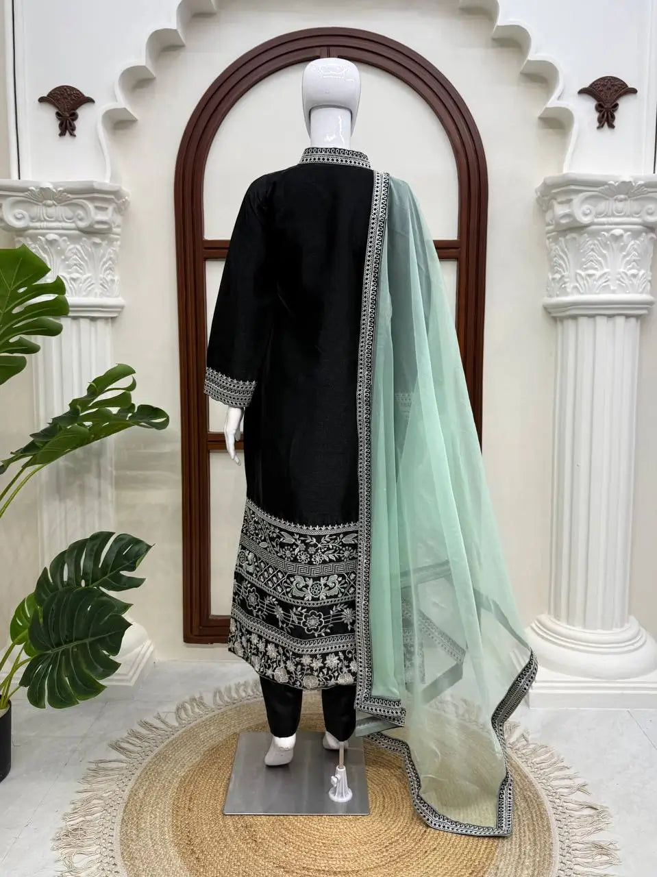 Black Threadwork Kurta Pant Set with Dupatta