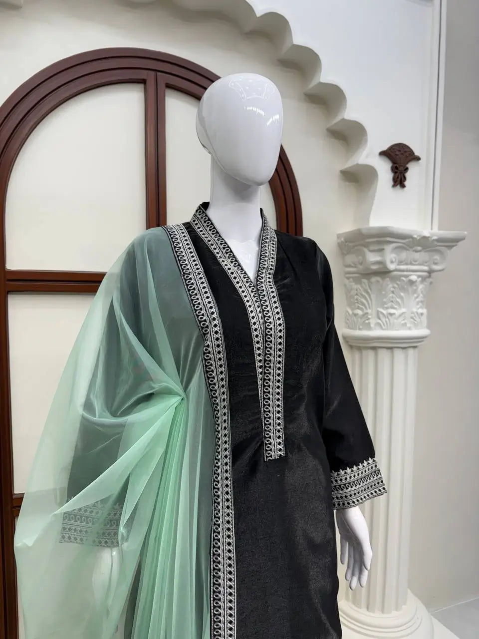 Black Threadwork Kurta Pant Set with Dupatta