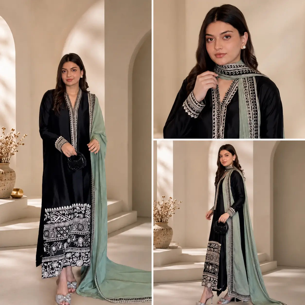 Black Threadwork Kurta Pant Set with Dupatta
