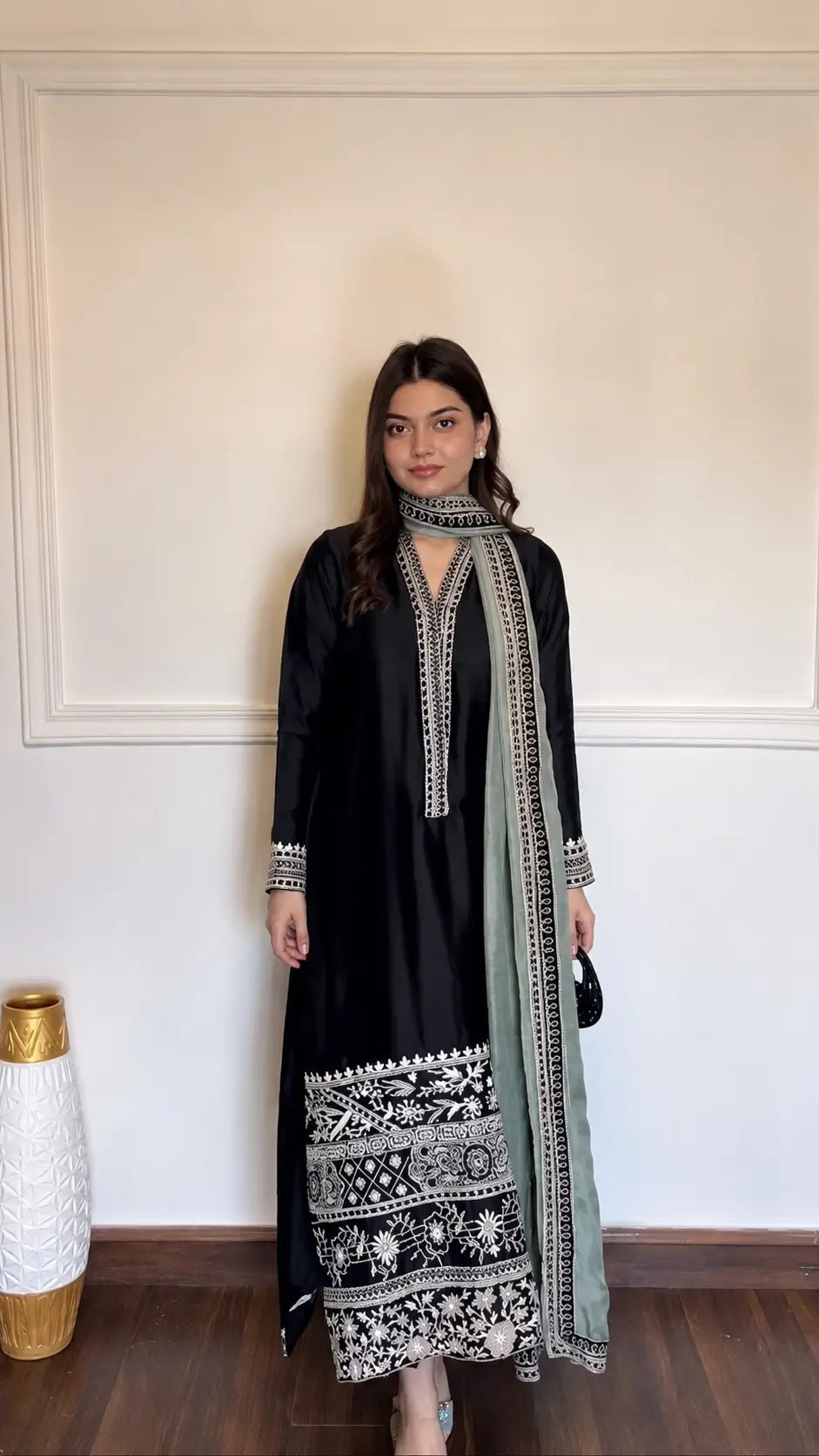 Black Threadwork Kurta Pant Set with Dupatta