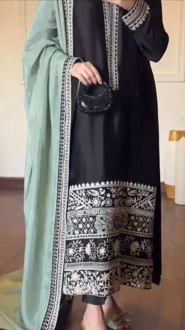 Black Threadwork Kurta Pant Set with Dupatta