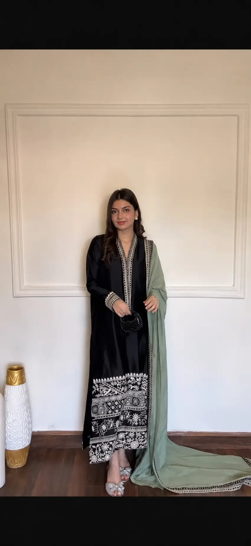Black Threadwork Kurta Pant Set with Dupatta