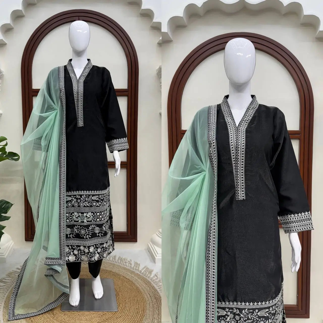 Black Threadwork Kurta Pant Set with Dupatta