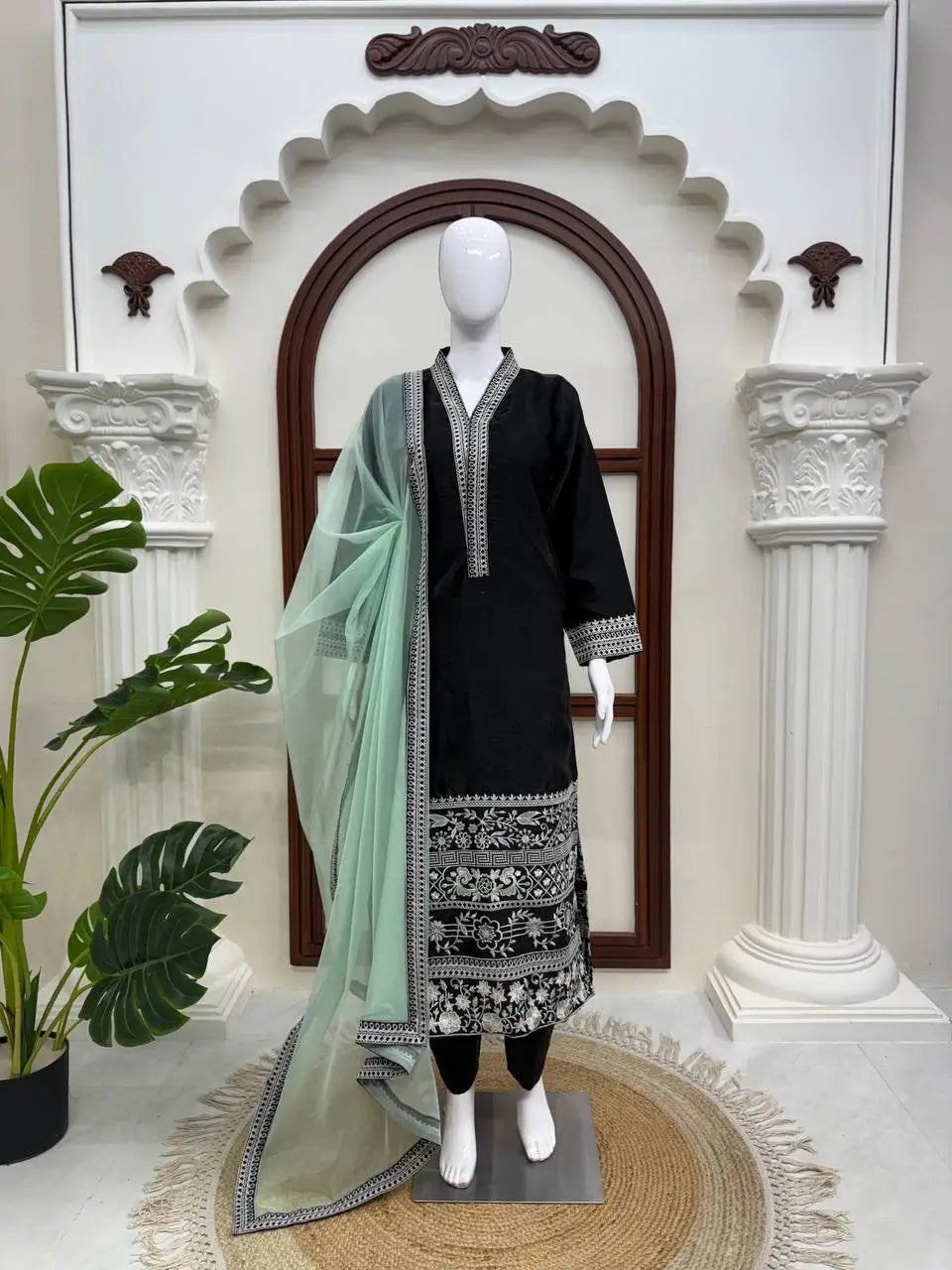 Black Threadwork Kurta Pant Set with Dupatta