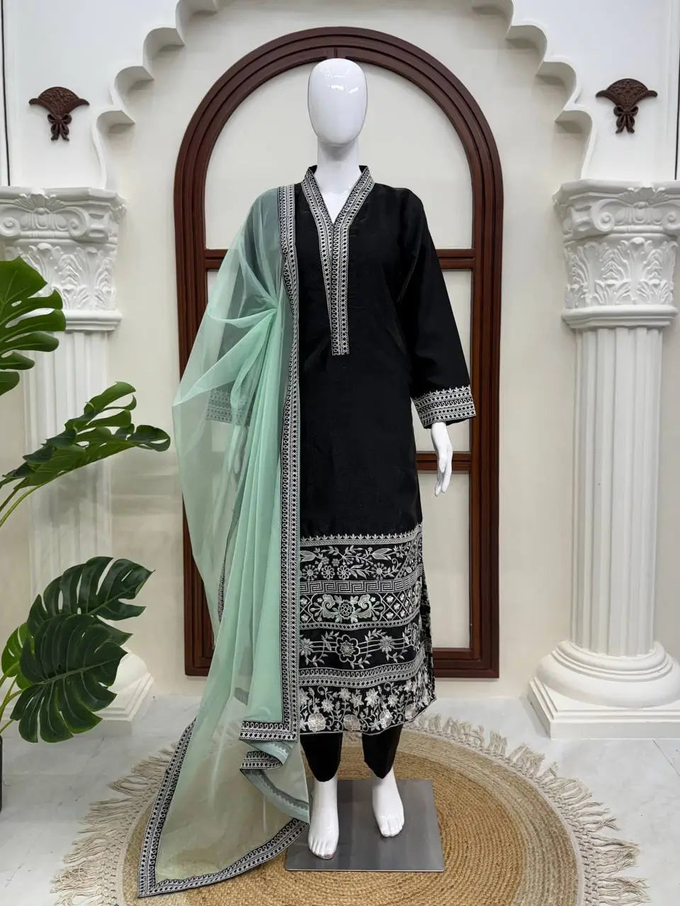 Black Threadwork Kurta Pant Set with Dupatta