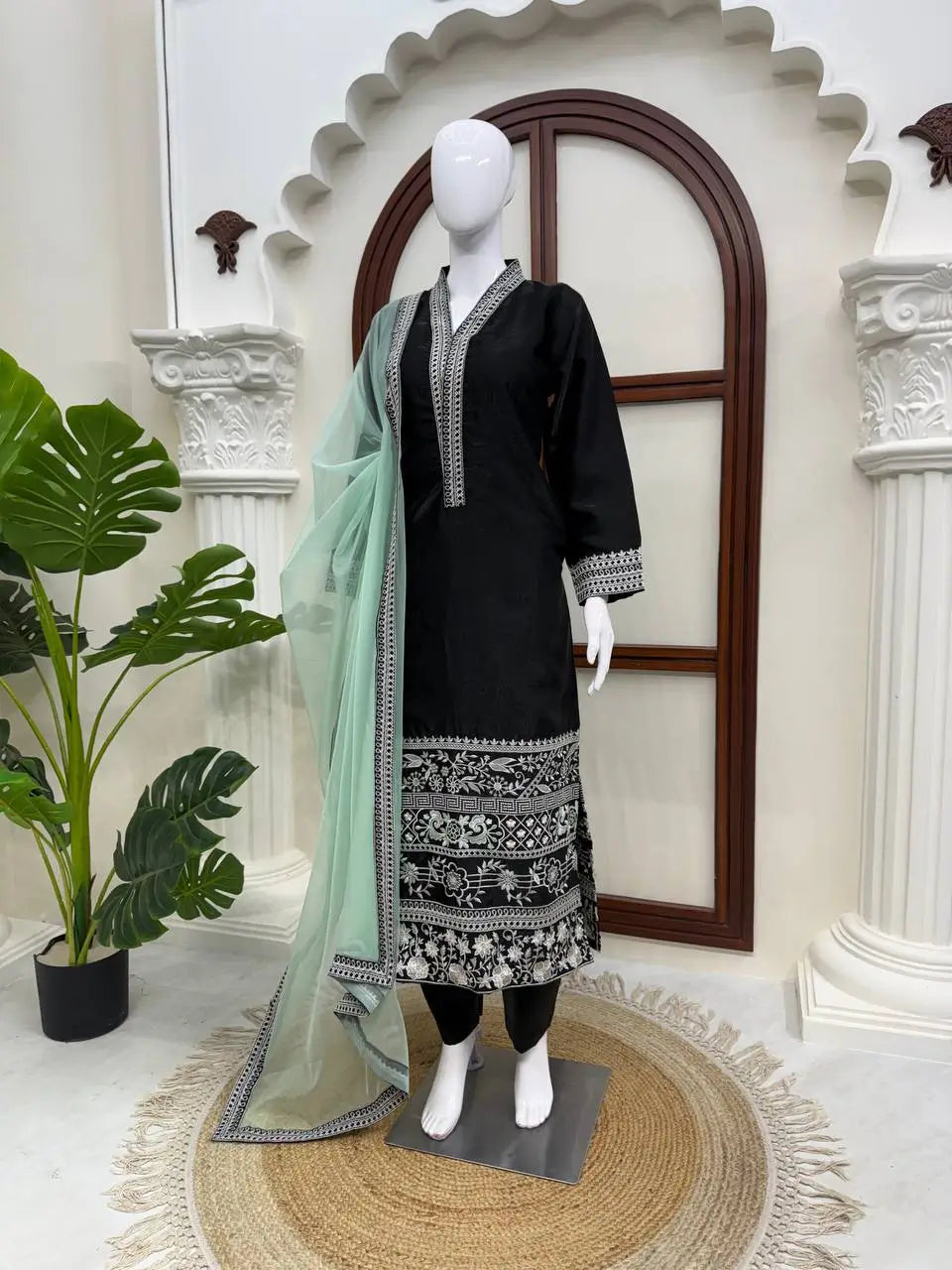Black Threadwork Kurta Pant Set with Dupatta