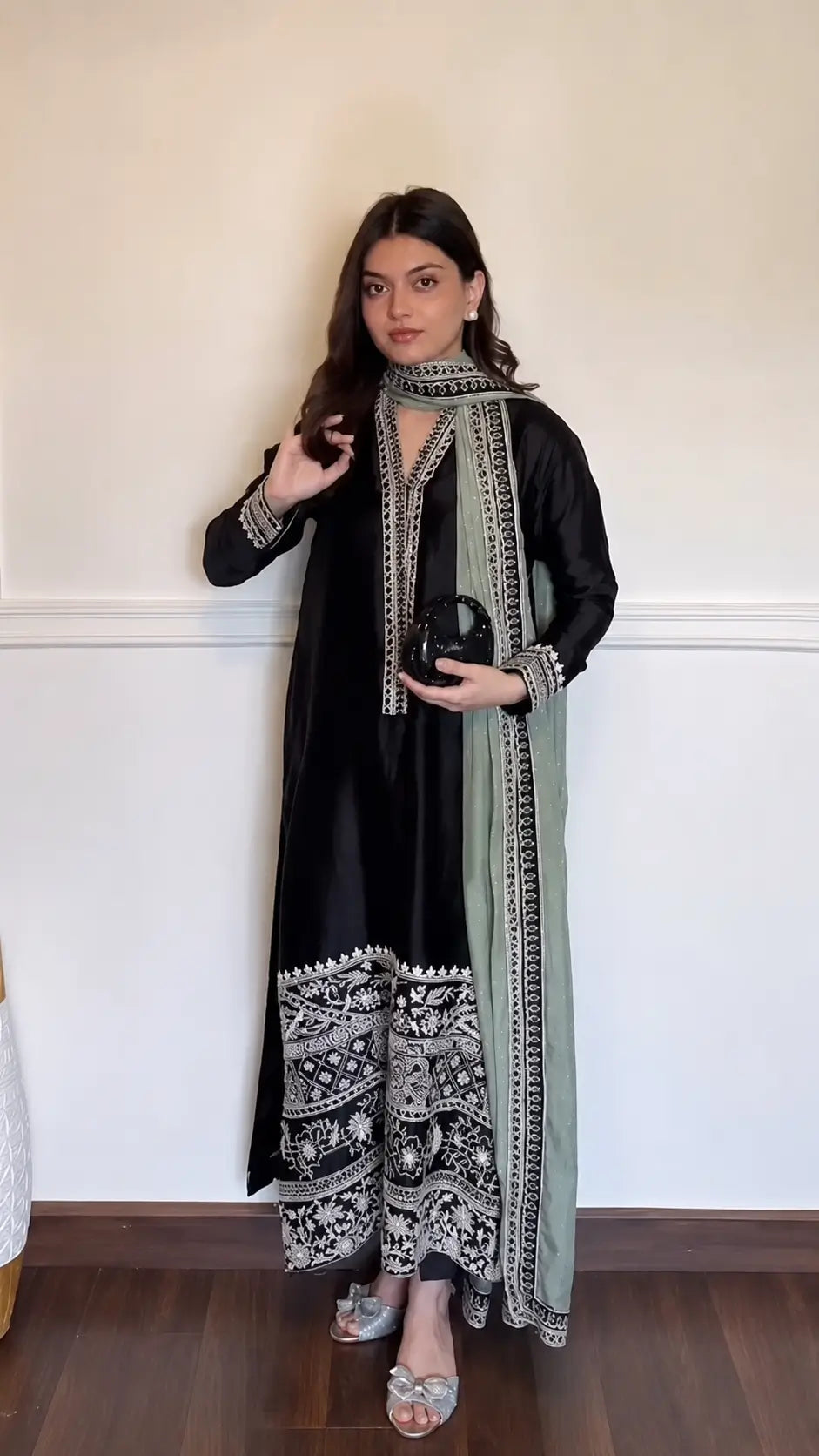 Black Threadwork Kurta Pant Set with Dupatta