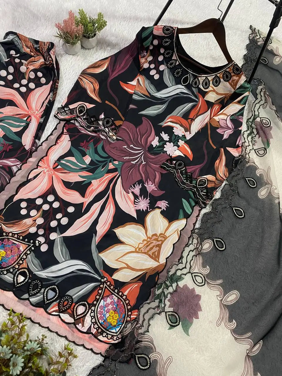 Black Tropical Print Muslin Embroidery Set