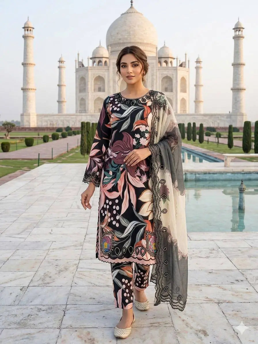 Black Tropical Print Muslin Embroidery Set