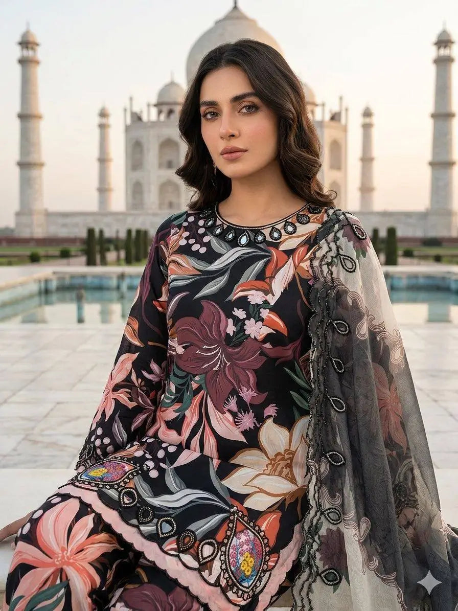 Black Tropical Print Muslin Embroidery Set