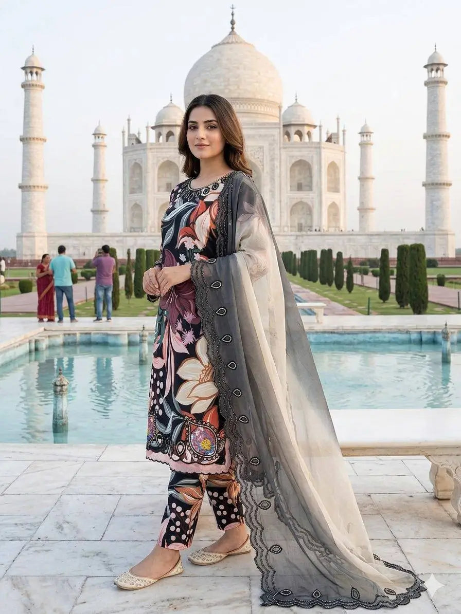 Black Tropical Print Muslin Embroidery Set
