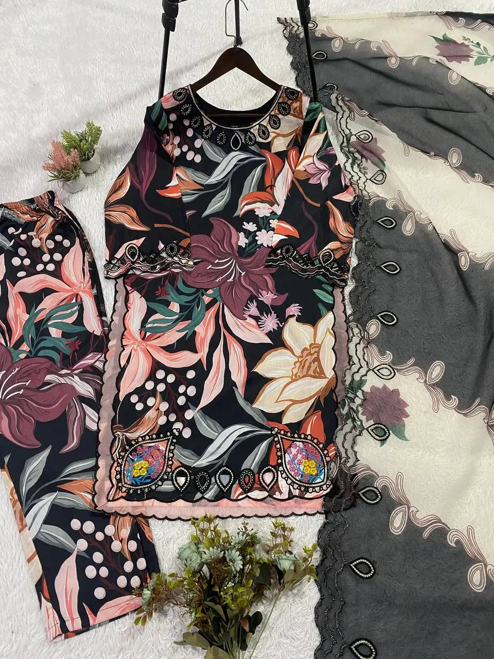 Black Tropical Print Muslin Embroidery Set