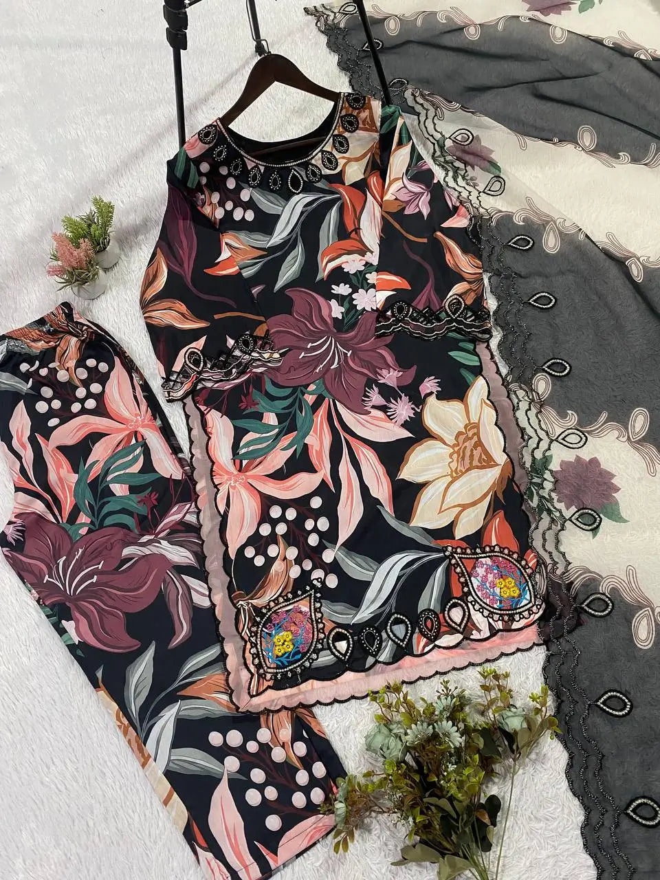 Black Tropical Print Muslin Embroidery Set