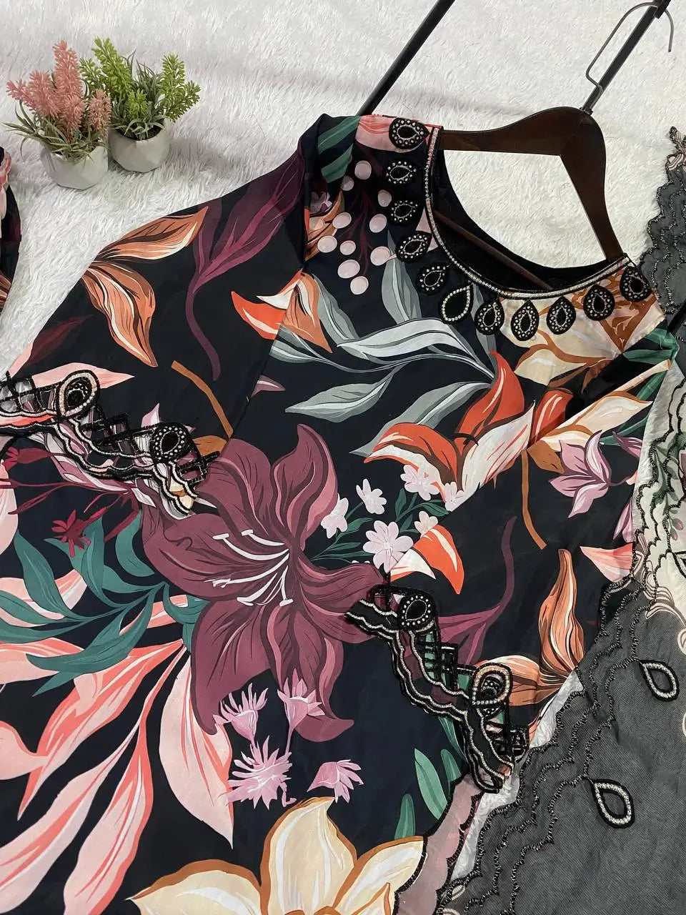 Black Tropical Print Muslin Embroidery Set