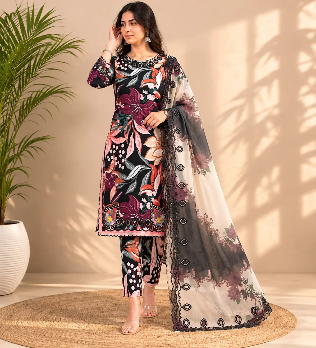 Black Tropical Print Muslin Embroidery Set