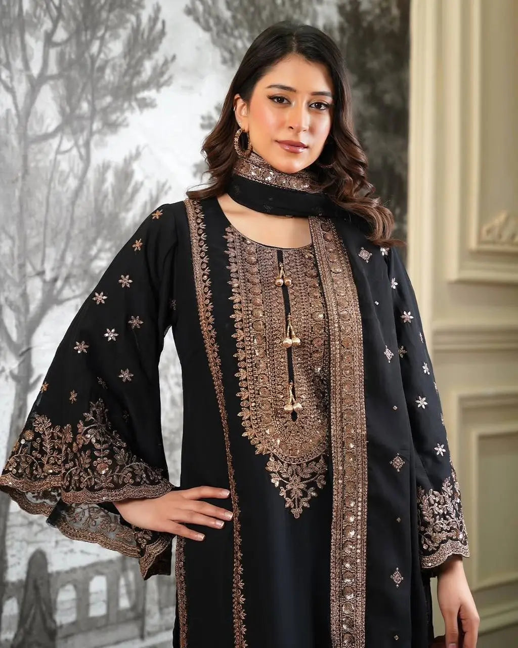 Black and Red Fendy Silk Sharara Suit Set for Festive and Occasion Wear