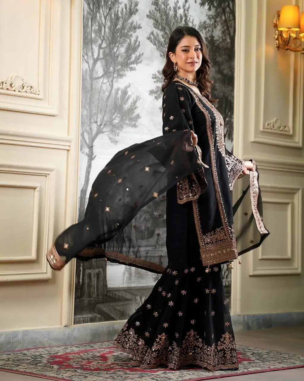 Black and Red Fendy Silk Sharara Suit Set for Festive and Occasion Wear