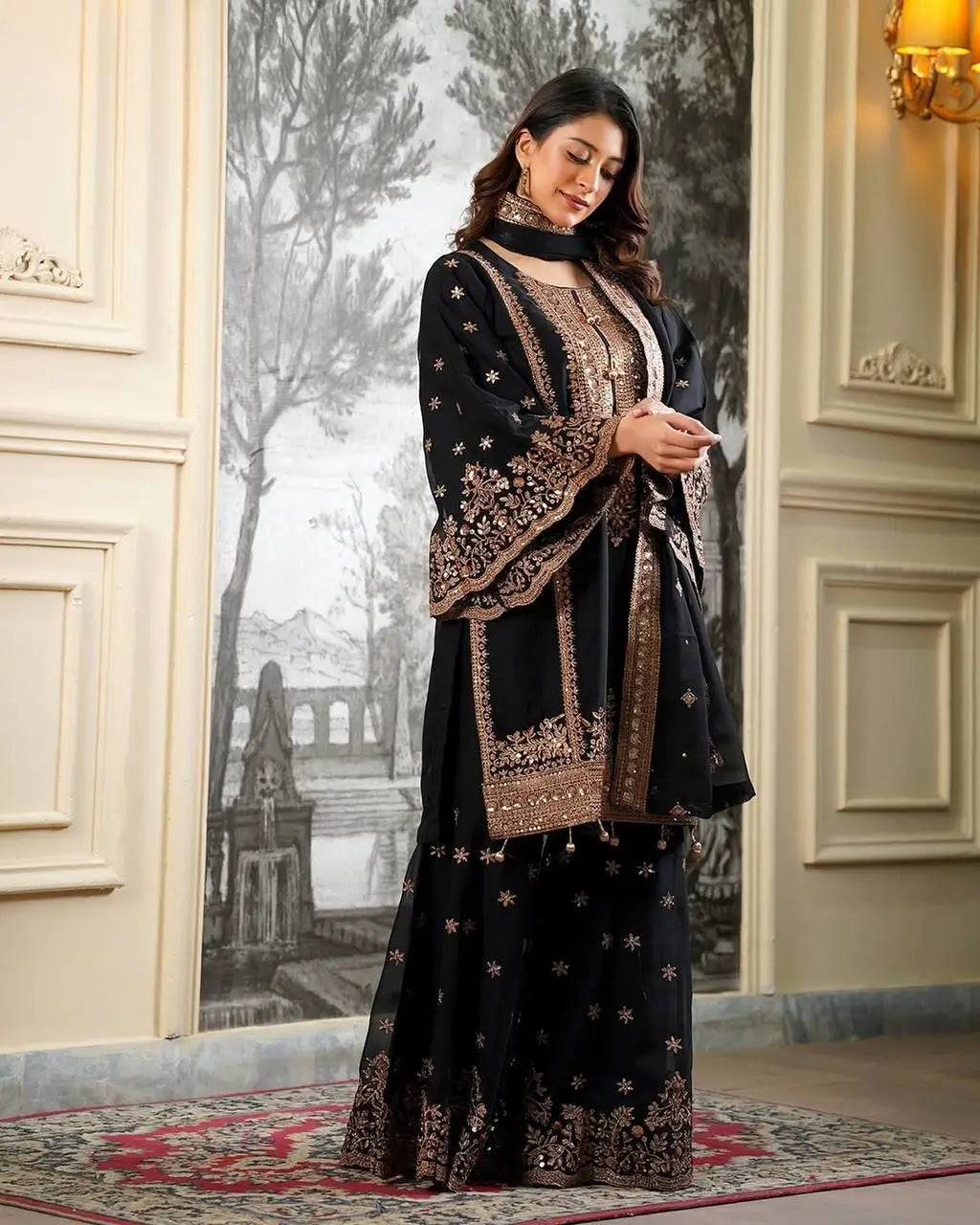 Black and Red Fendy Silk Sharara Suit Set for Festive and Occasion Wear