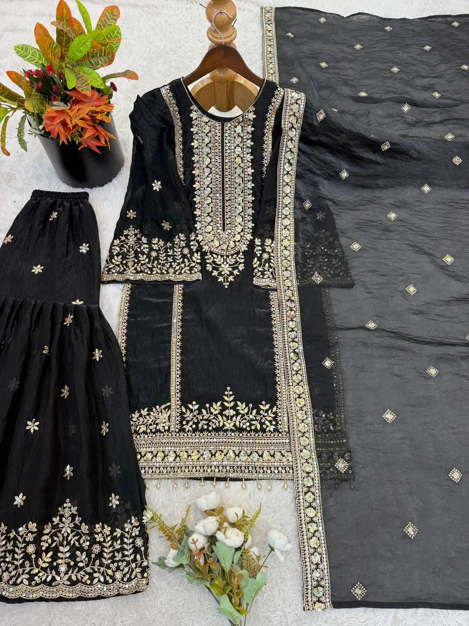 Black and Red Fendy Silk Sharara Suit Set for Festive and Occasion Wear