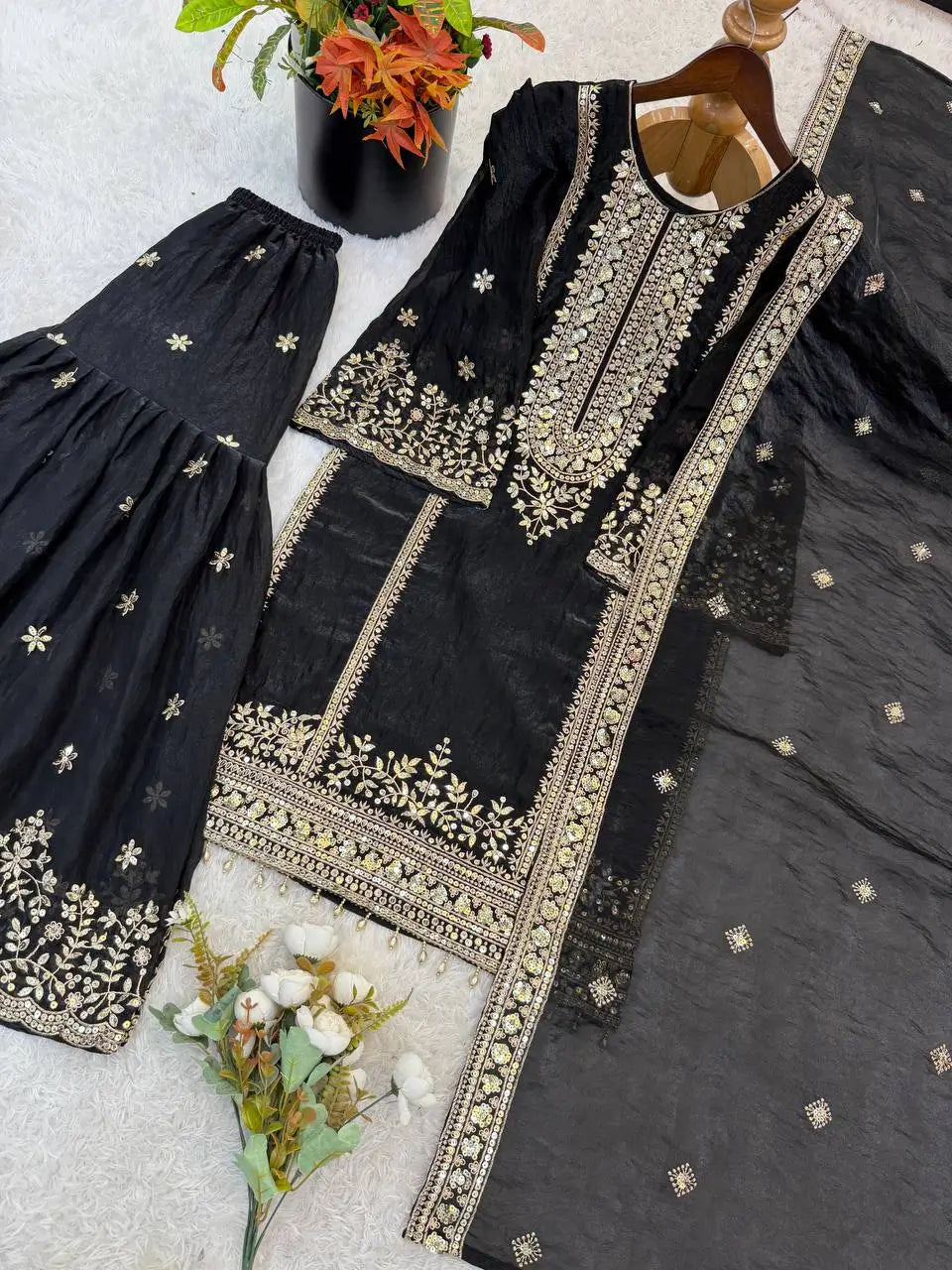 Black and Red Fendy Silk Sharara Suit Set for Festive and Occasion Wear