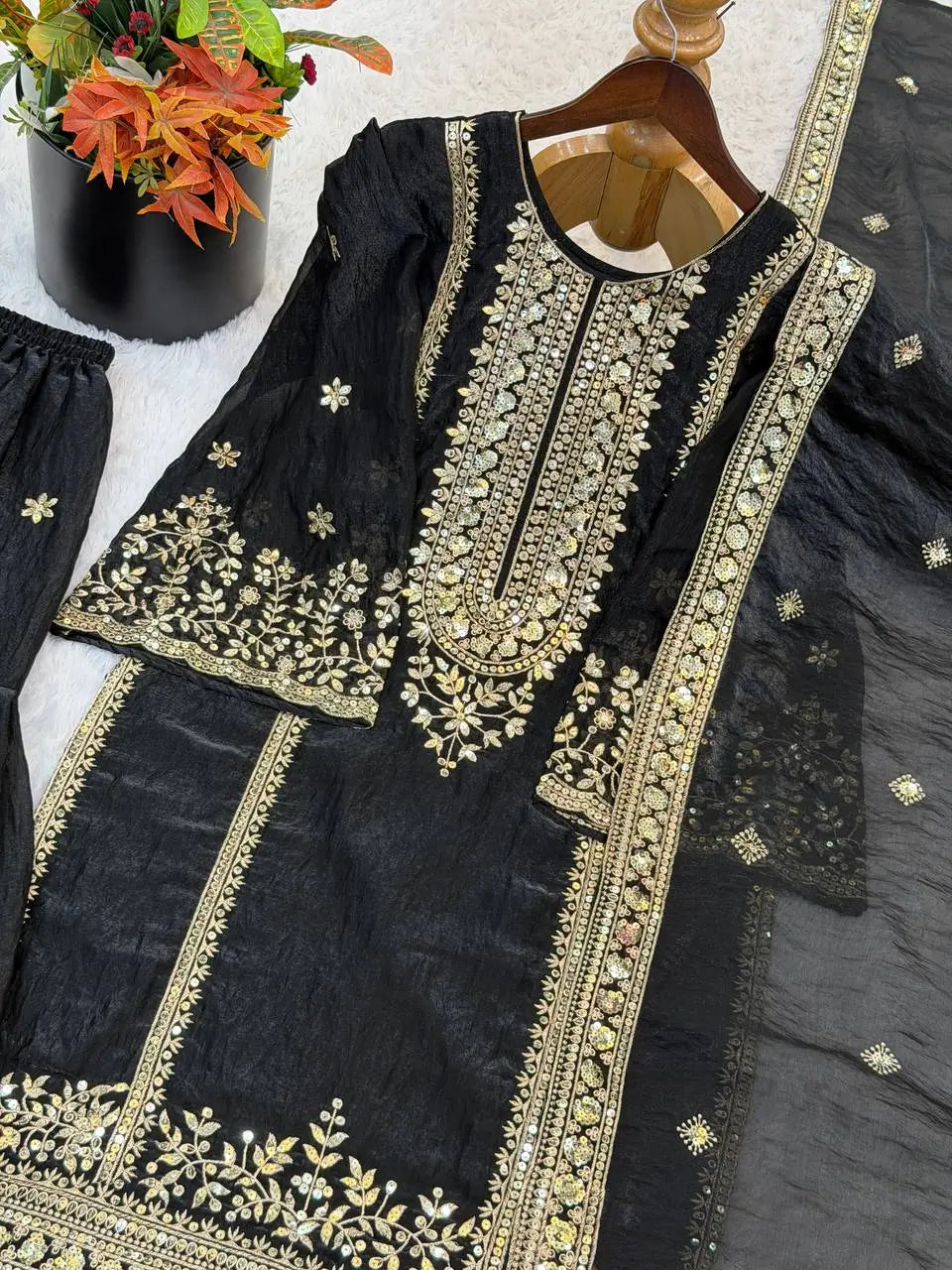 Black and Red Fendy Silk Sharara Suit Set for Festive and Occasion Wear