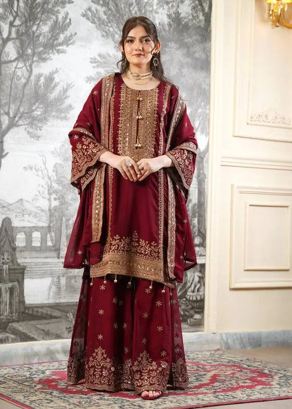 Black and Red Fendy Silk Sharara Suit Set for Festive and Occasion Wear