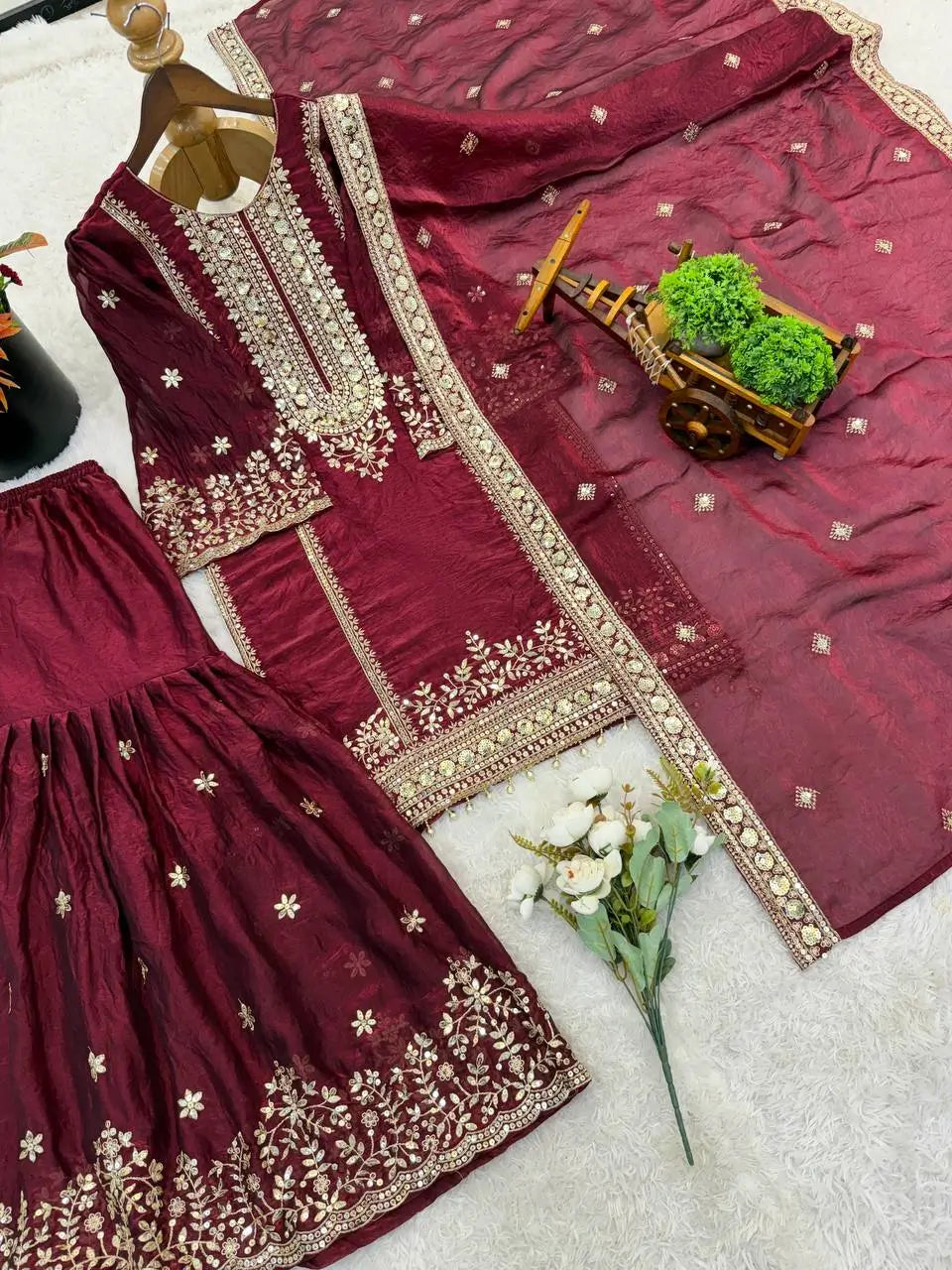 Black and Red Fendy Silk Sharara Suit Set for Festive and Occasion Wear