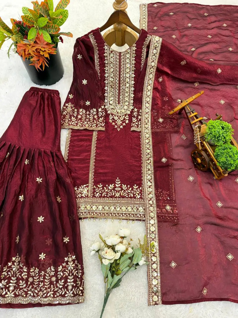 Black and Red Fendy Silk Sharara Suit Set for Festive and Occasion Wear