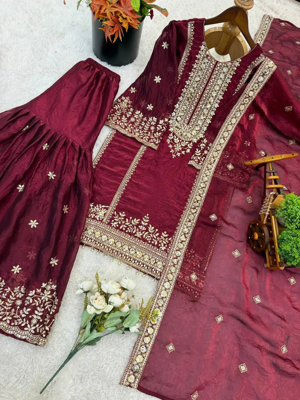 Black and Red Fendy Silk Sharara Suit Set for Festive and Occasion Wear