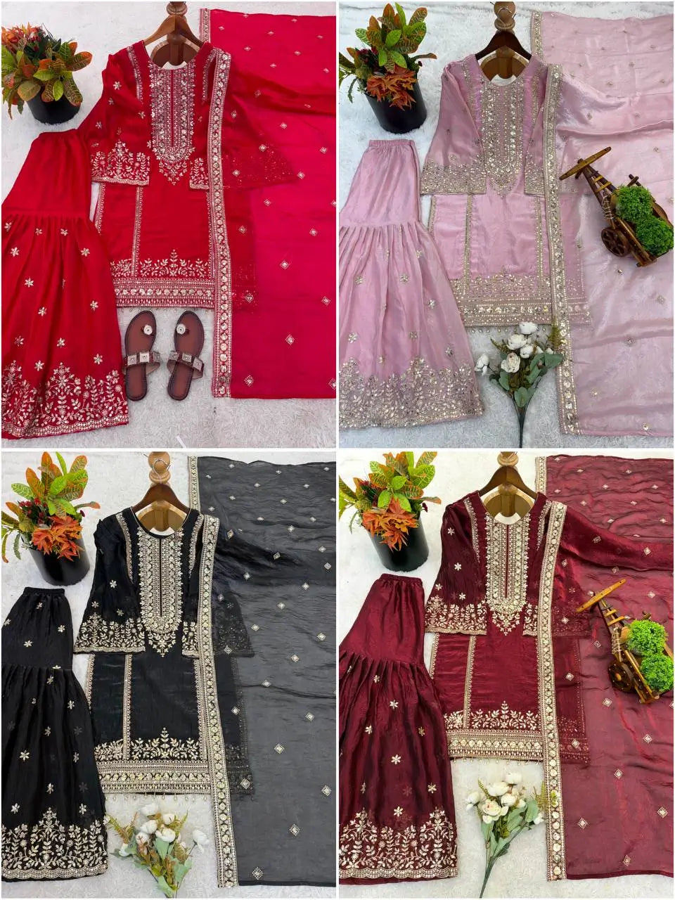 Black and Red Fendy Silk Sharara Suit Set for Festive and Occasion Wear