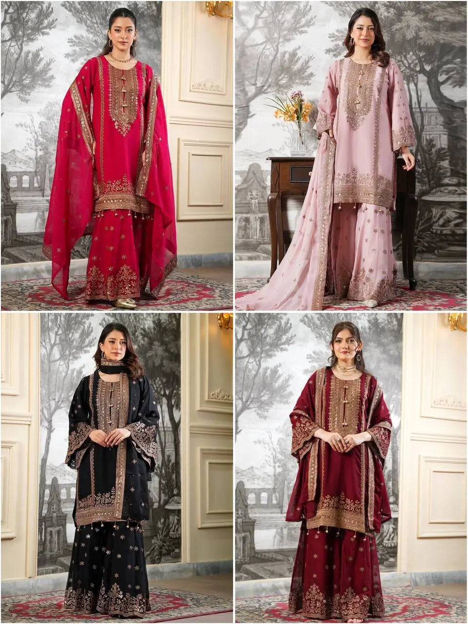 Black and Red Fendy Silk Sharara Suit Set for Festive and Occasion Wear