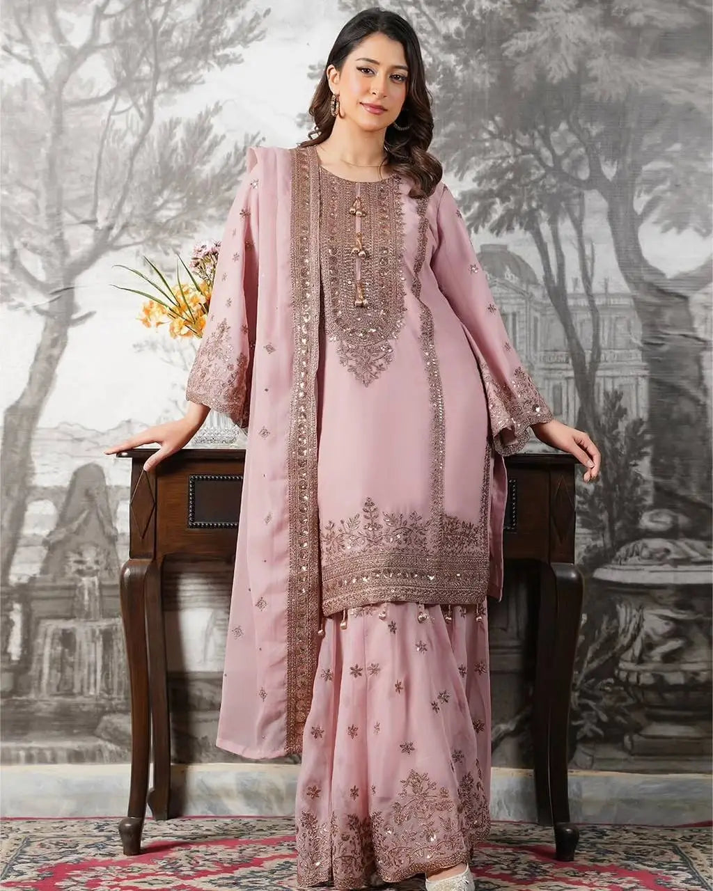 Black and Red Fendy Silk Sharara Suit Set for Festive and Occasion Wear