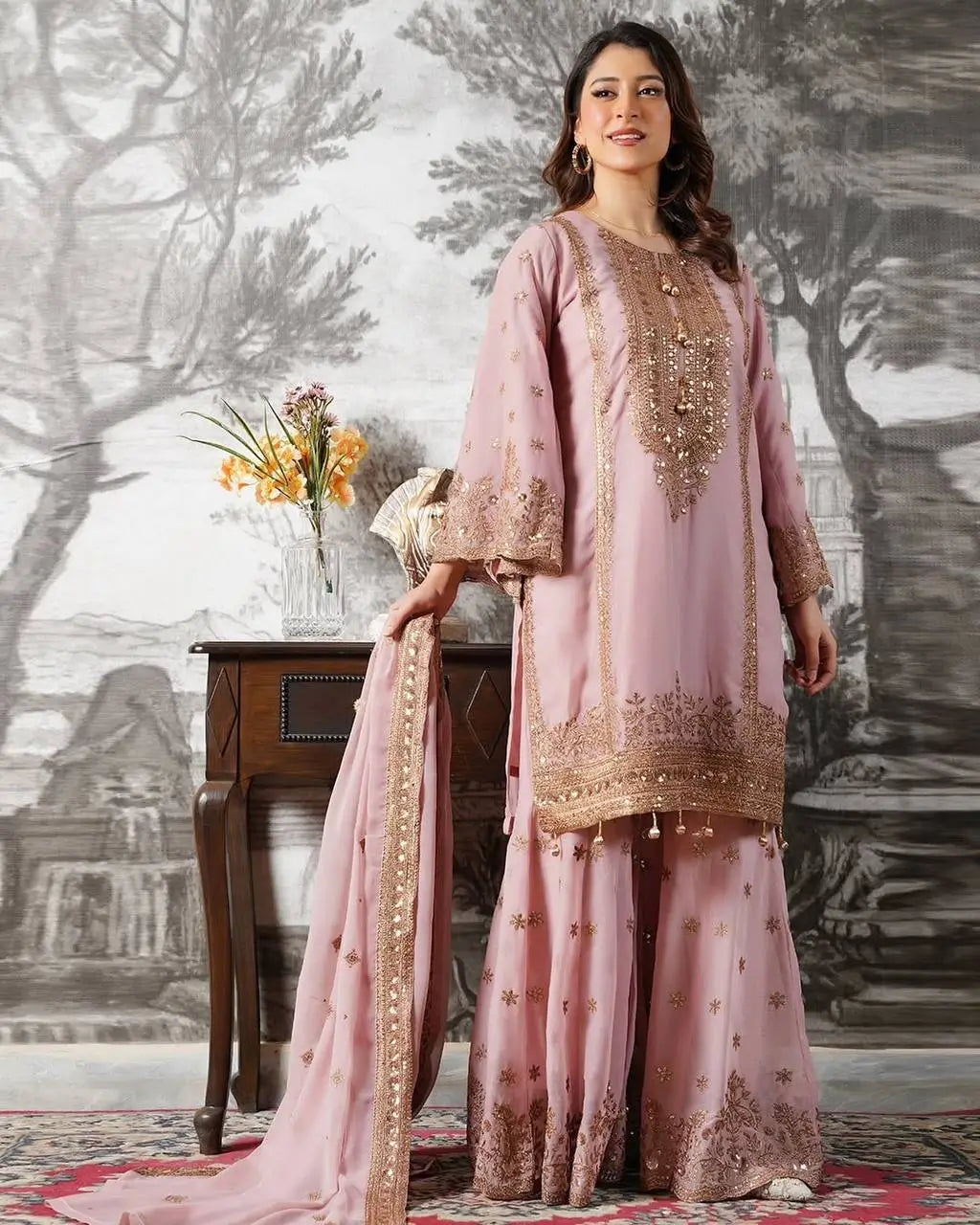 Black and Red Fendy Silk Sharara Suit Set for Festive and Occasion Wear