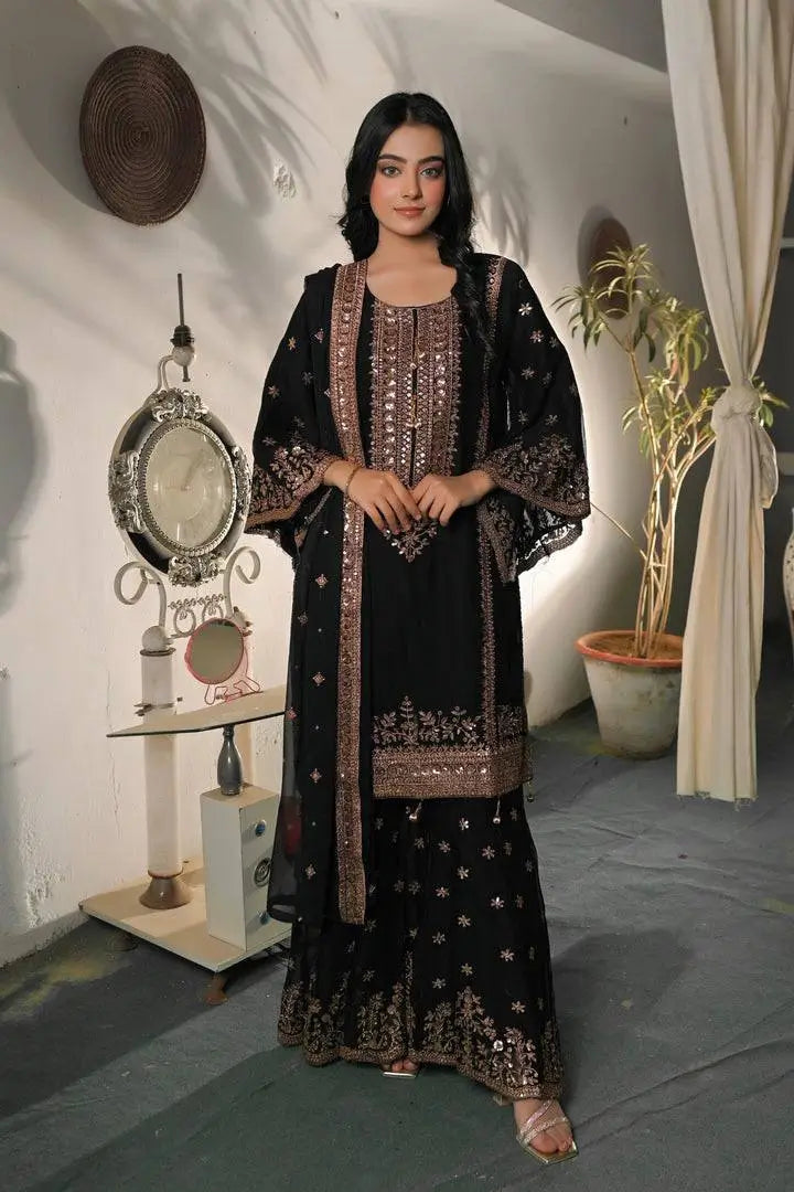 Black and Red Fendy Silk Sharara Suit Set for Festive and Occasion Wear