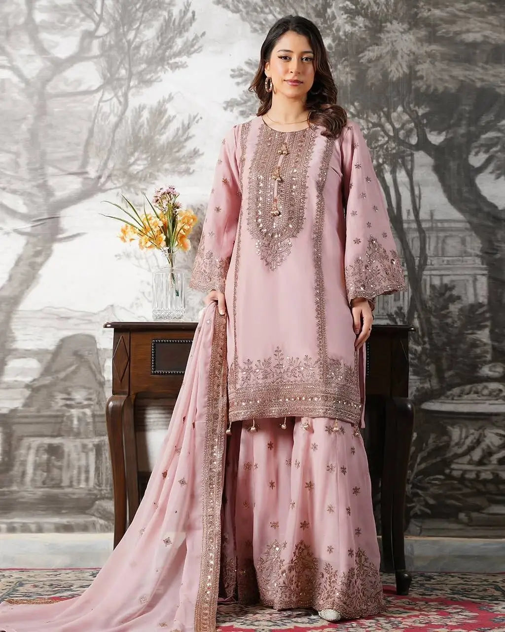 Black and Red Fendy Silk Sharara Suit Set for Festive and Occasion Wear
