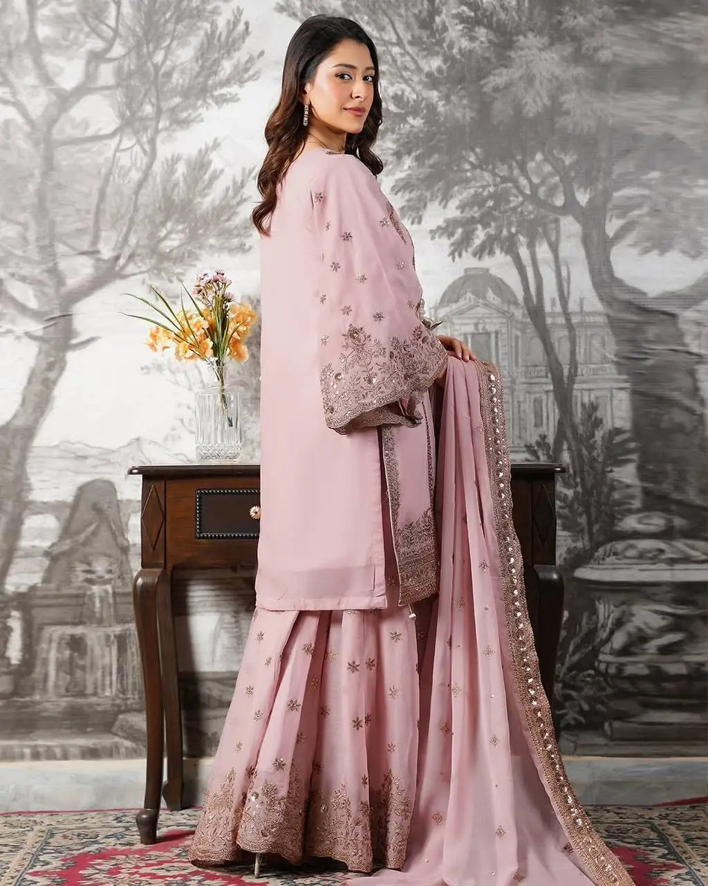 Black and Red Fendy Silk Sharara Suit Set for Festive and Occasion Wear