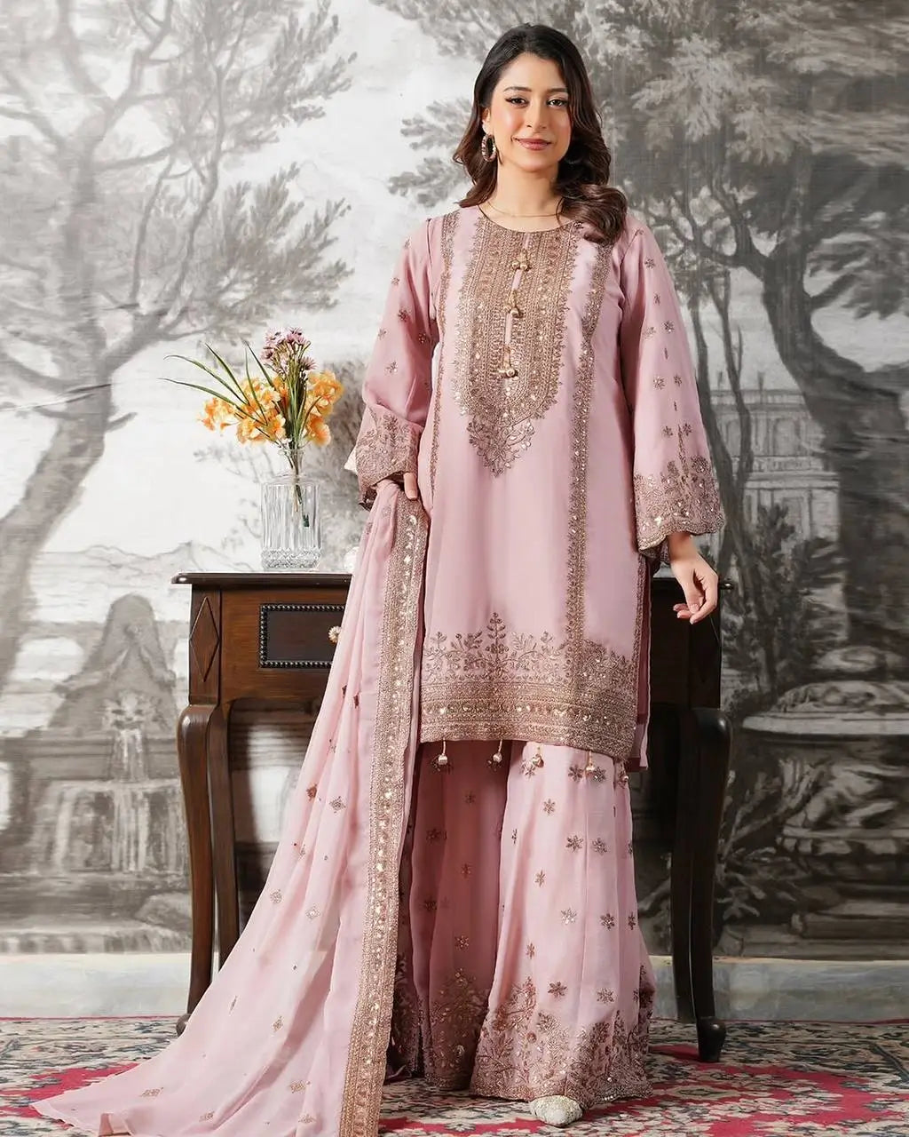 Black and Red Fendy Silk Sharara Suit Set for Festive and Occasion Wear