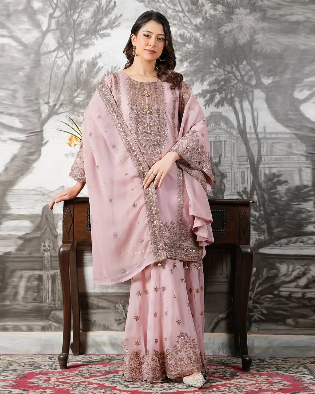 Black and Red Fendy Silk Sharara Suit Set for Festive and Occasion Wear