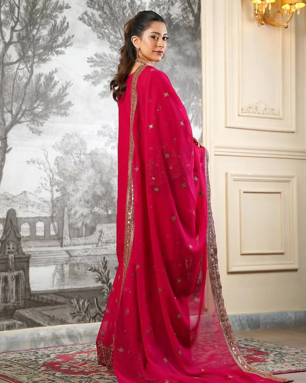 Black and Red Fendy Silk Sharara Suit Set for Festive and Occasion Wear