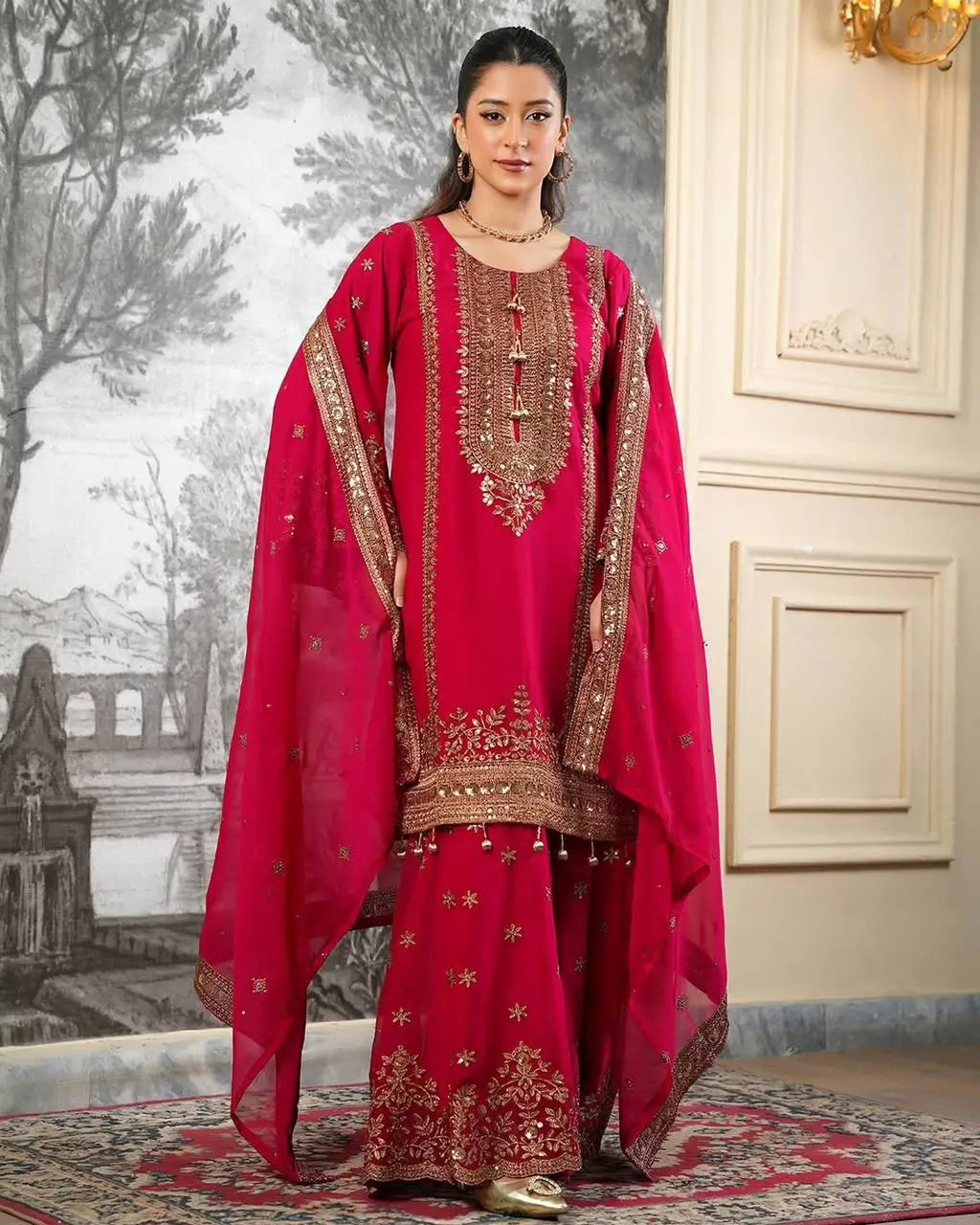 Black and Red Fendy Silk Sharara Suit Set for Festive and Occasion Wear
