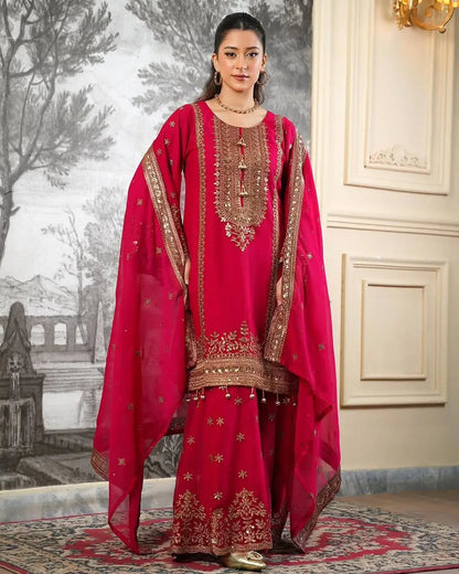 Black and Red Fendy Silk Sharara Suit Set for Festive and Occasion Wear