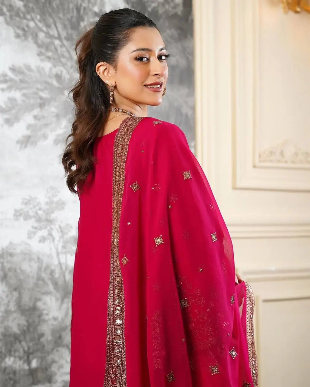 Black and Red Fendy Silk Sharara Suit Set for Festive and Occasion Wear
